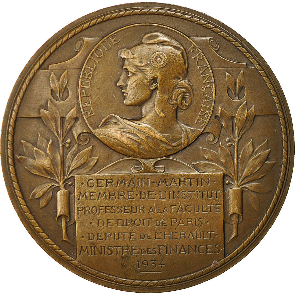 Francia, Medal, Germain Martin, Ministre des Finances, Marianne, 1934