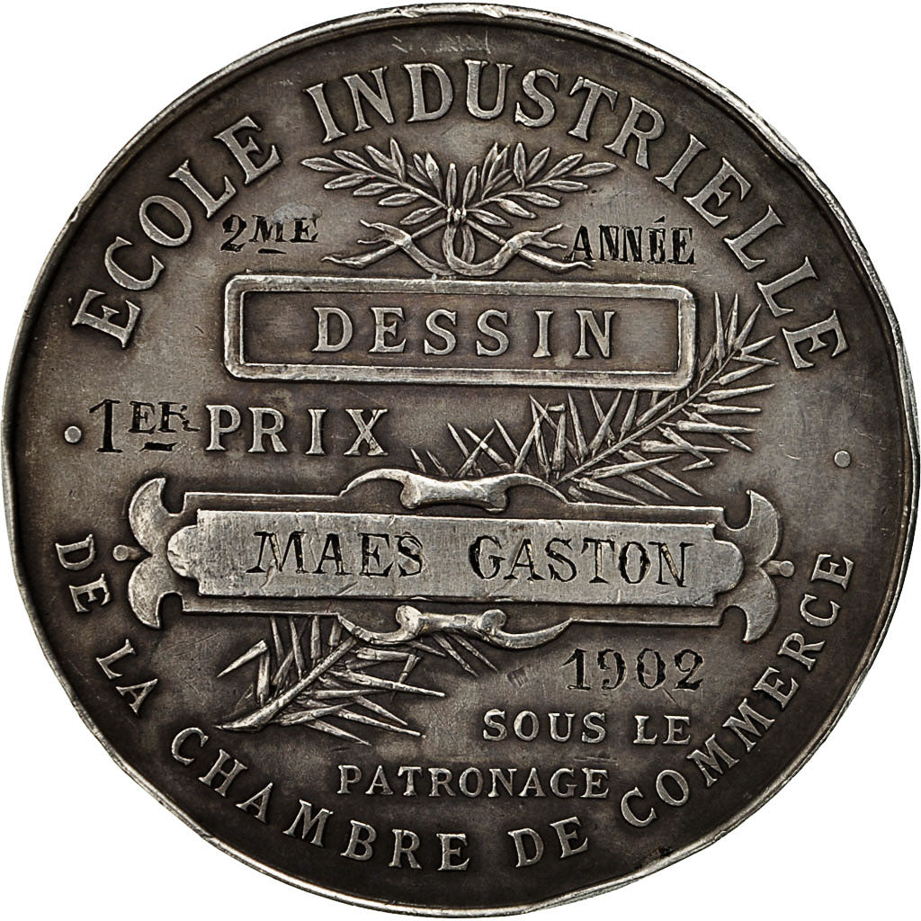 France, Medal, Ecole Industrielle, Chambre de Commerce de Tourcoing, 1902, Grau