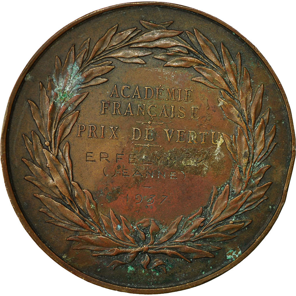 France, Medal, Académie Française, Prix de Vertu, 1937, Gayrard, EF(40-45)