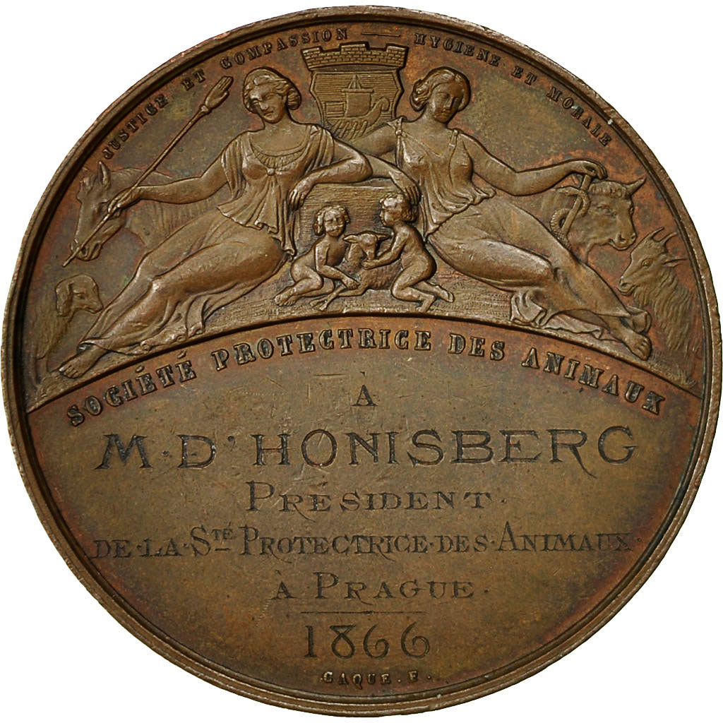 France, Medal, Société Protectrice des Animaux, 1866, Caqué, SUP+, Cuivre