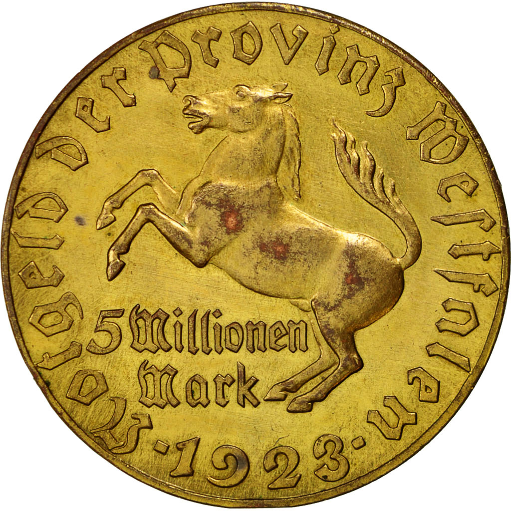Germany, Medal, 5 Millionen Mark, Westphalie, 1923, MS(60-62), Copper Gilt
