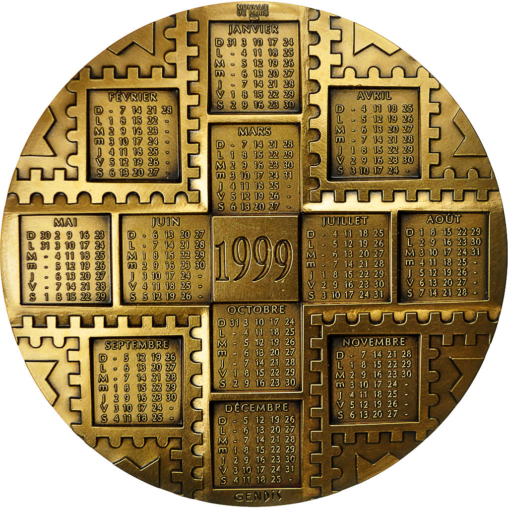France, Medal, Médaille de Table Calendrier, Timbres Poste, 1999, Gendis