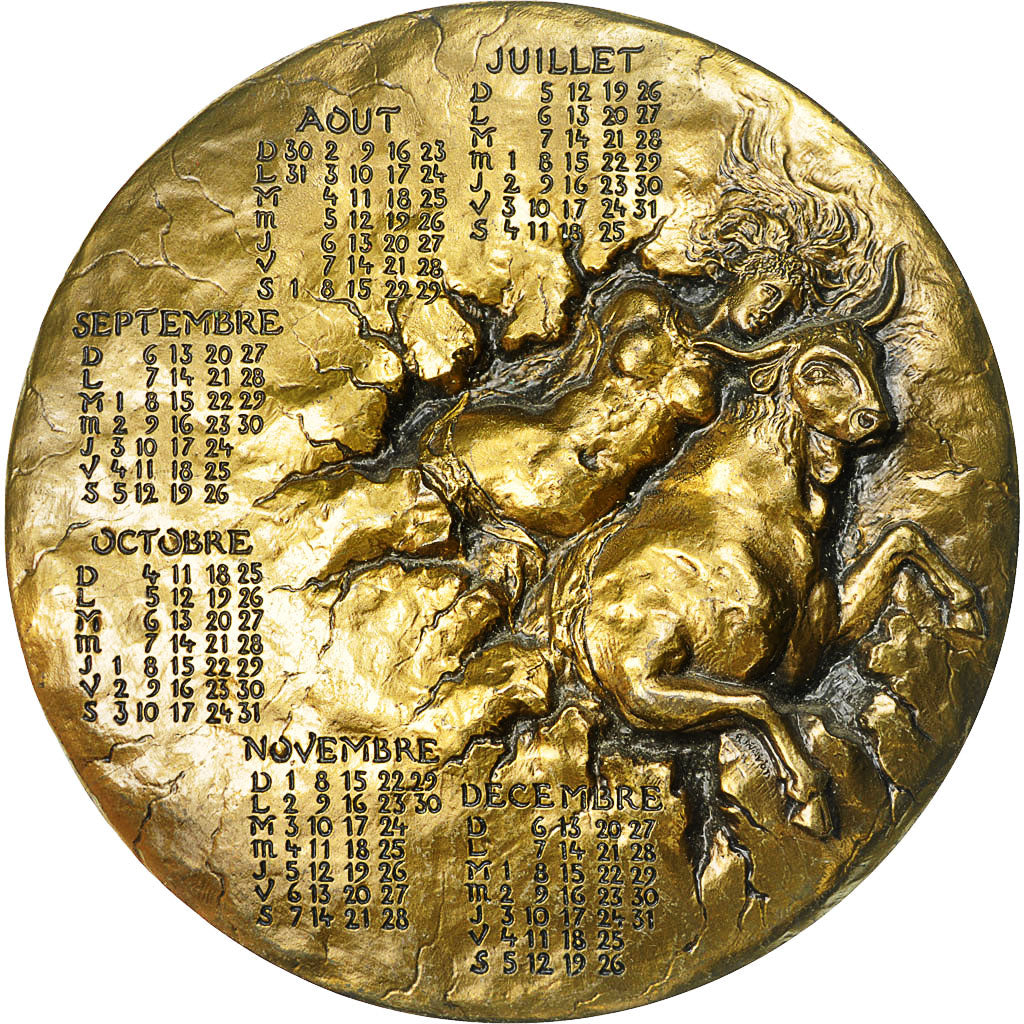 France, Medal, Calendrier, Femme nue et Taureau, Europe, 1992, Mayot, AU(55-58)