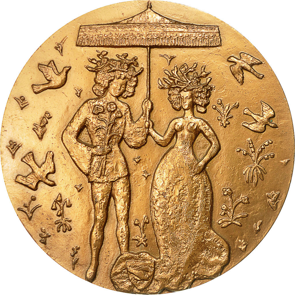 France, Medal, Couple sous Ombrelle, Au Chemin de la Vie, Fleurs, 1975