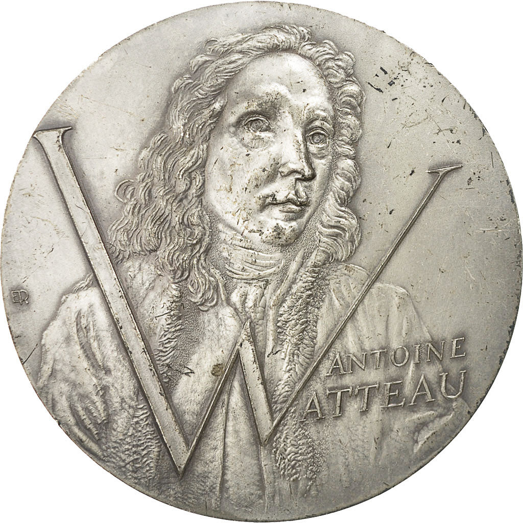Francia, Medal, Antoine Watteau, Scène Galante, 1977, BC+, Bronce plateado