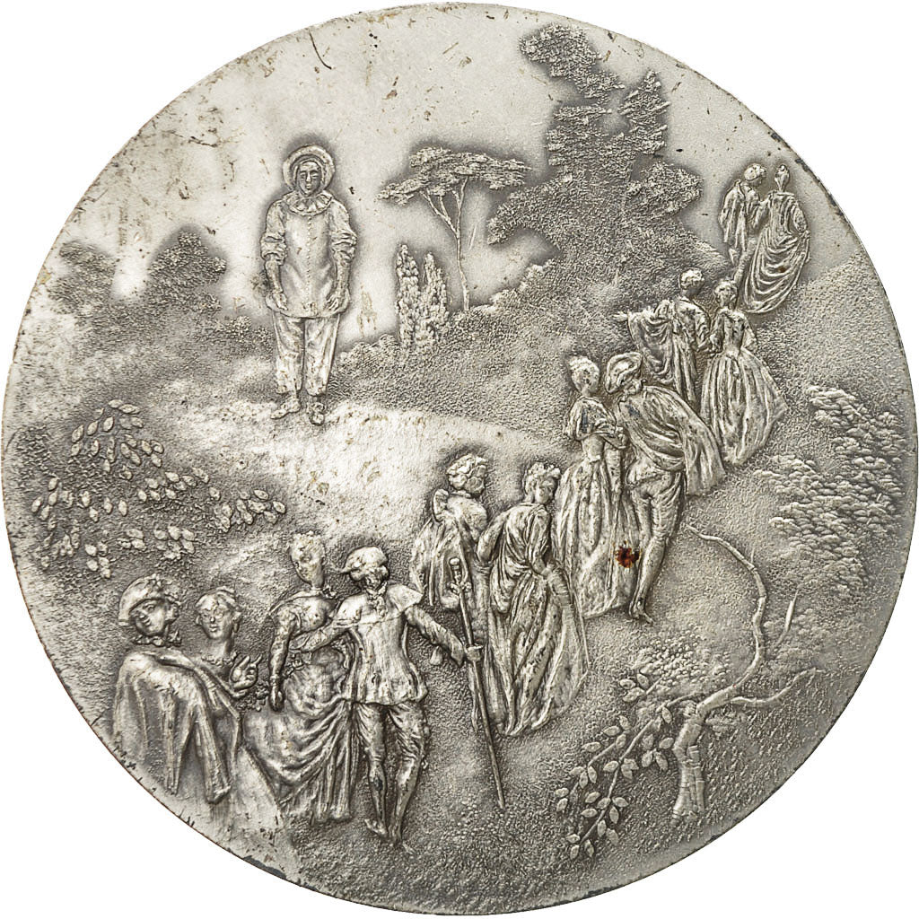 Francia, Medal, Antoine Watteau, Scène Galante, 1977, BC+, Bronce plateado