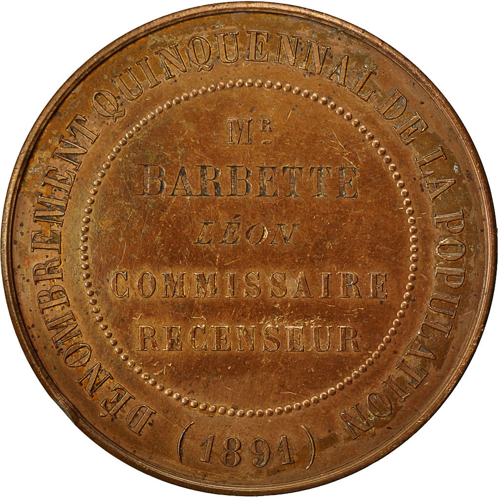 Francia, Medal, Dénombrement Quinquennal de population, Ville d'Amiens, 1891