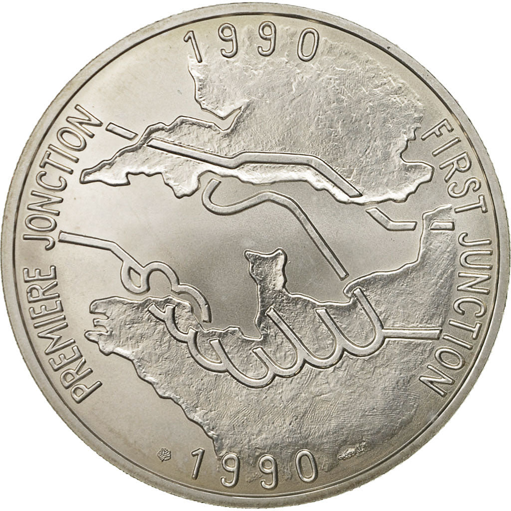 France, Medal, Tunnel sous la Manche - First Junction, 1990, MS(63), Silver