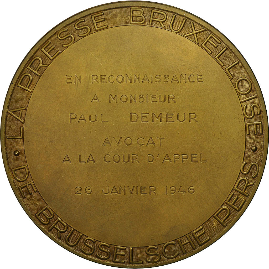 Belgium, Medal, Art Déco, La Presse Bruxelloise à P.Demeur, Avocat, 1946, Van