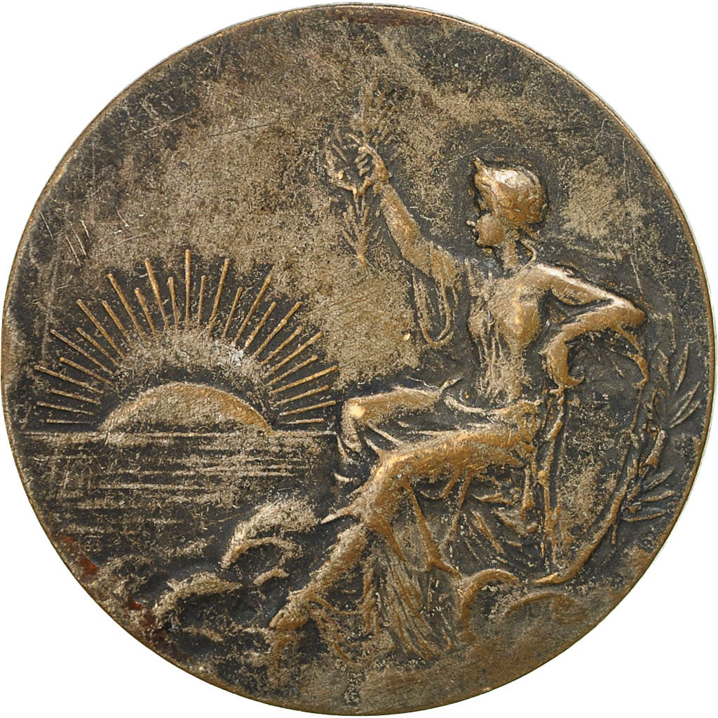 Francia, Medal, Art Nouveau, Femme Assise, Coucher de Soleil, BC+, Bronce