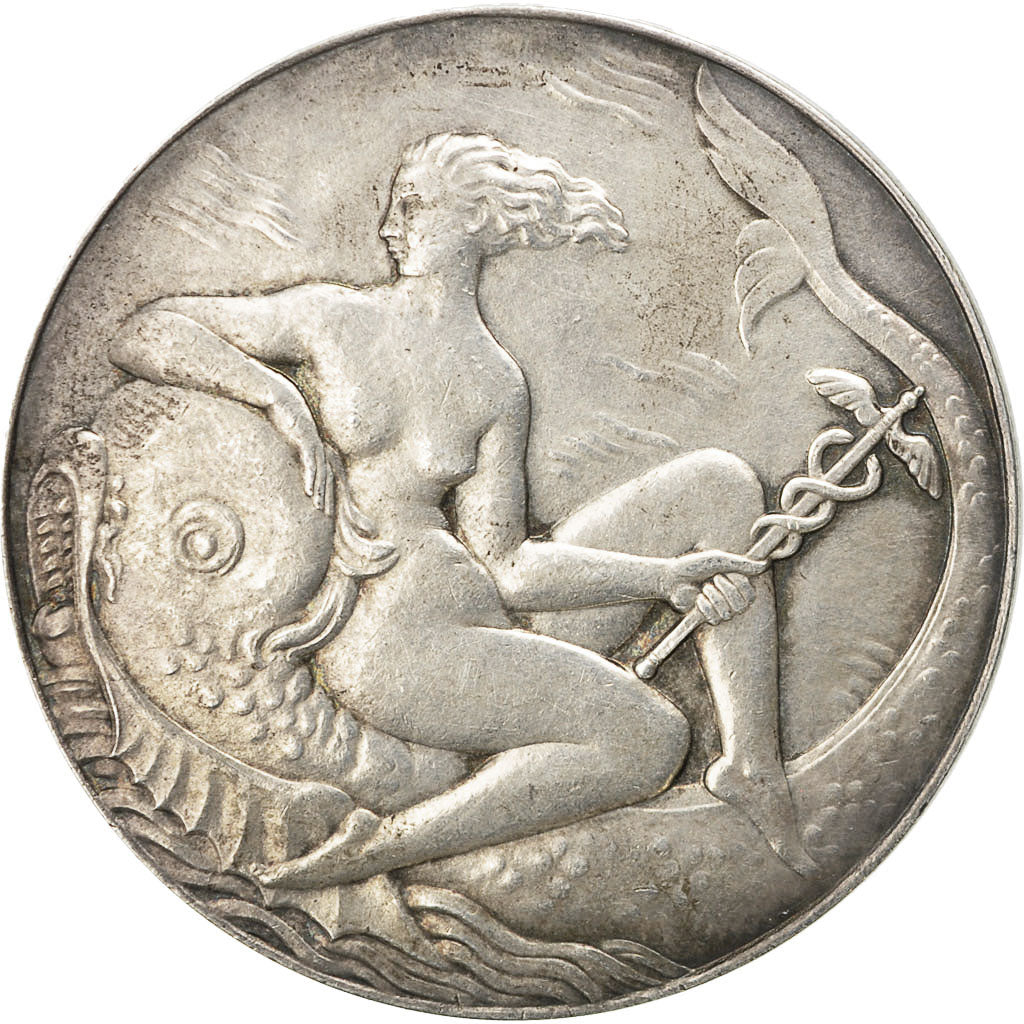 France, Medal, Art Déco, Ville du Havre, Poisson, MS(60-62), Silvered bronze