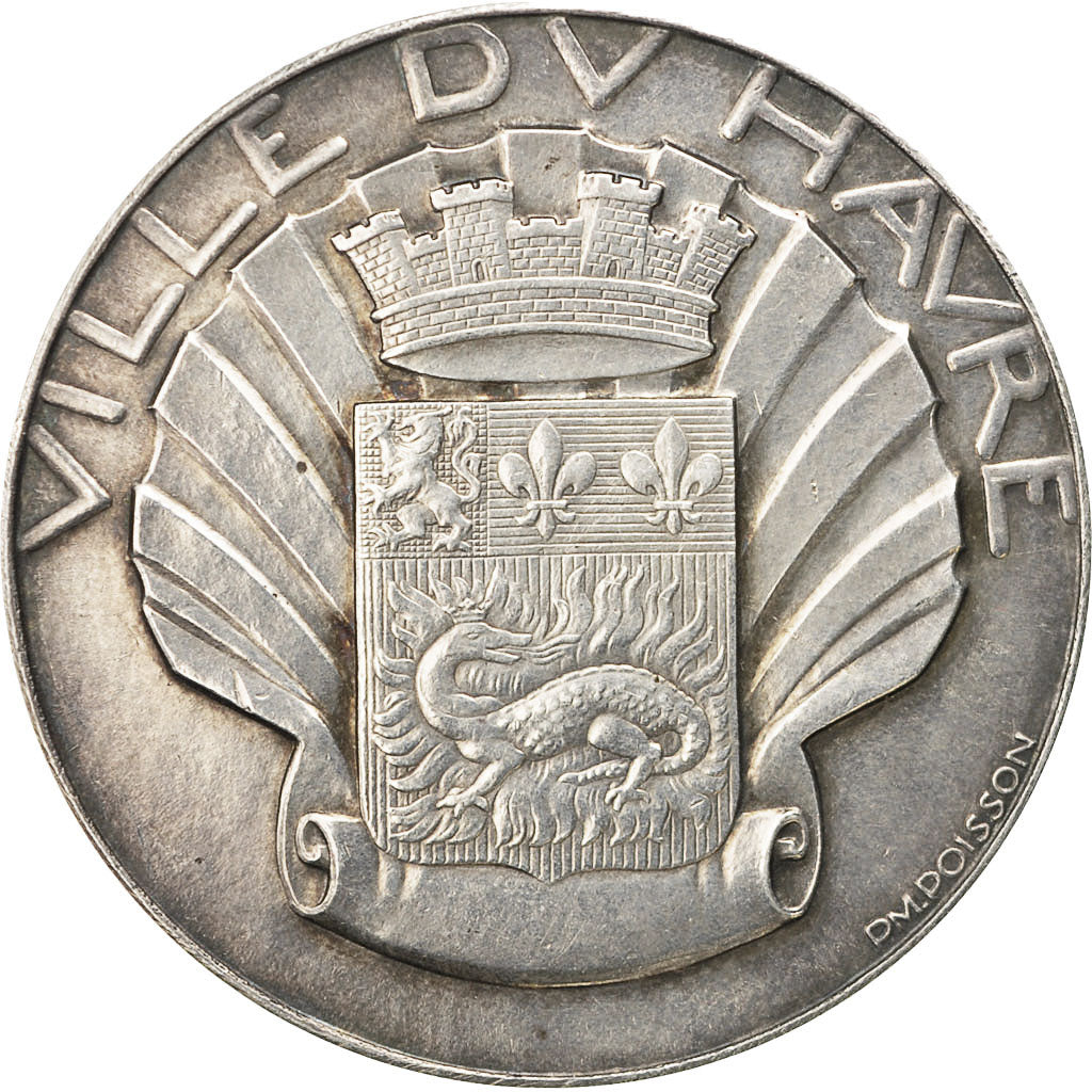 France, Medal, Art Déco, Ville du Havre, Poisson, MS(60-62), Silvered bronze