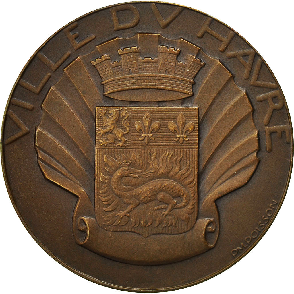 France, Medal, Art Déco, Ville du Havre, Poisson, MS(60-62), Bronze