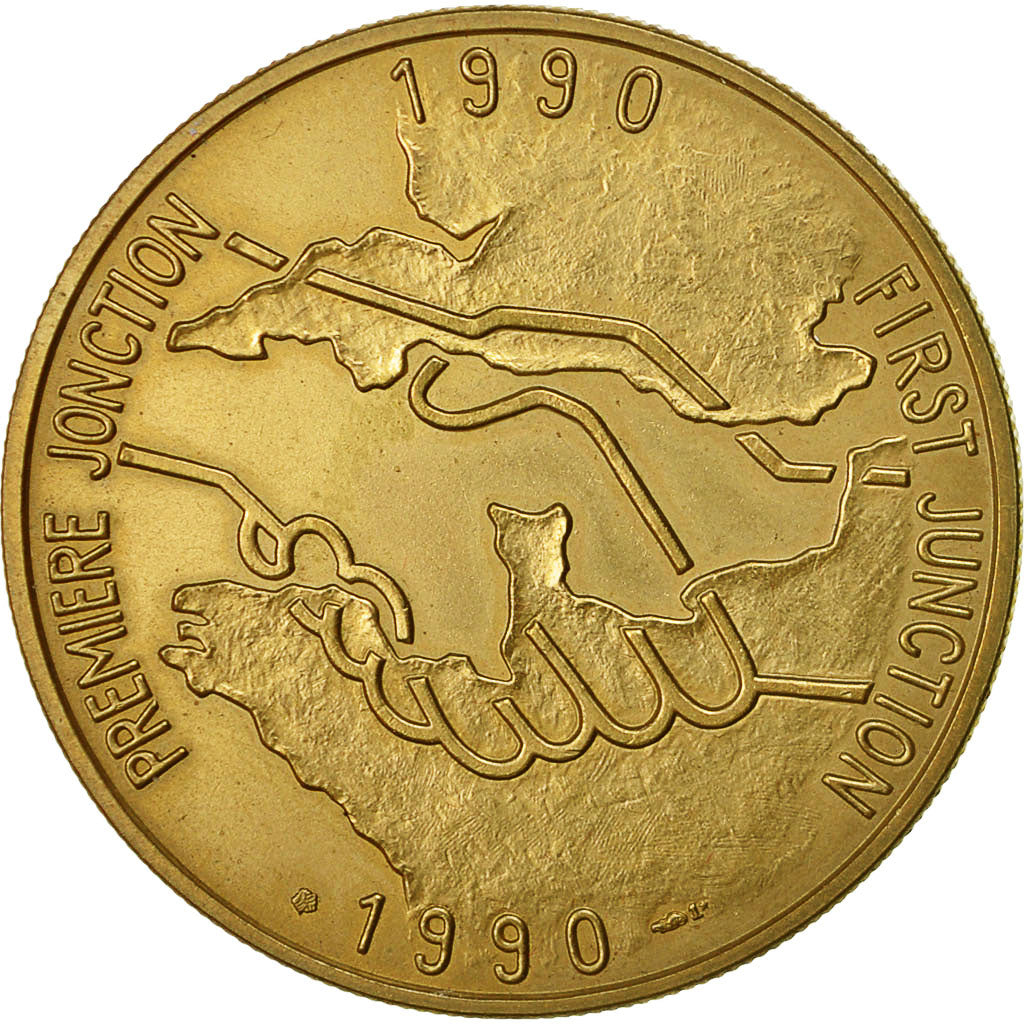 France, Medal, Tunnel sous la Manche - First Junction, 1990, MS(63), Bronze