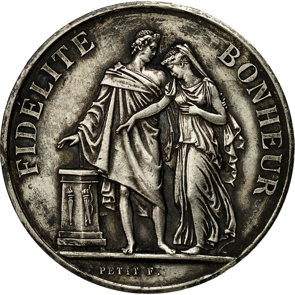 France, Medal, Mariage, Fidélité Bonheur, 1909, Petit, MS(63), Silver