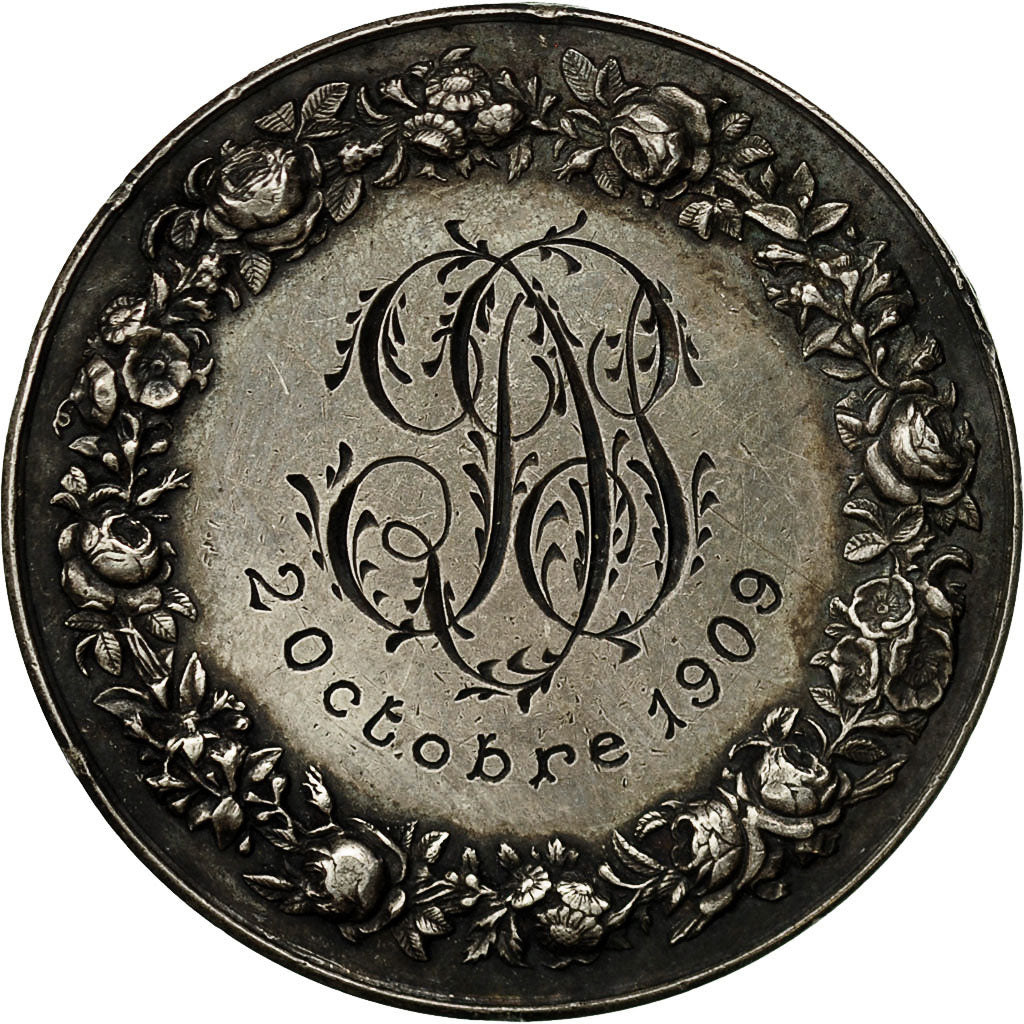 France, Medal, Mariage, Fidélité Bonheur, 1909, Petit, MS(63), Silver