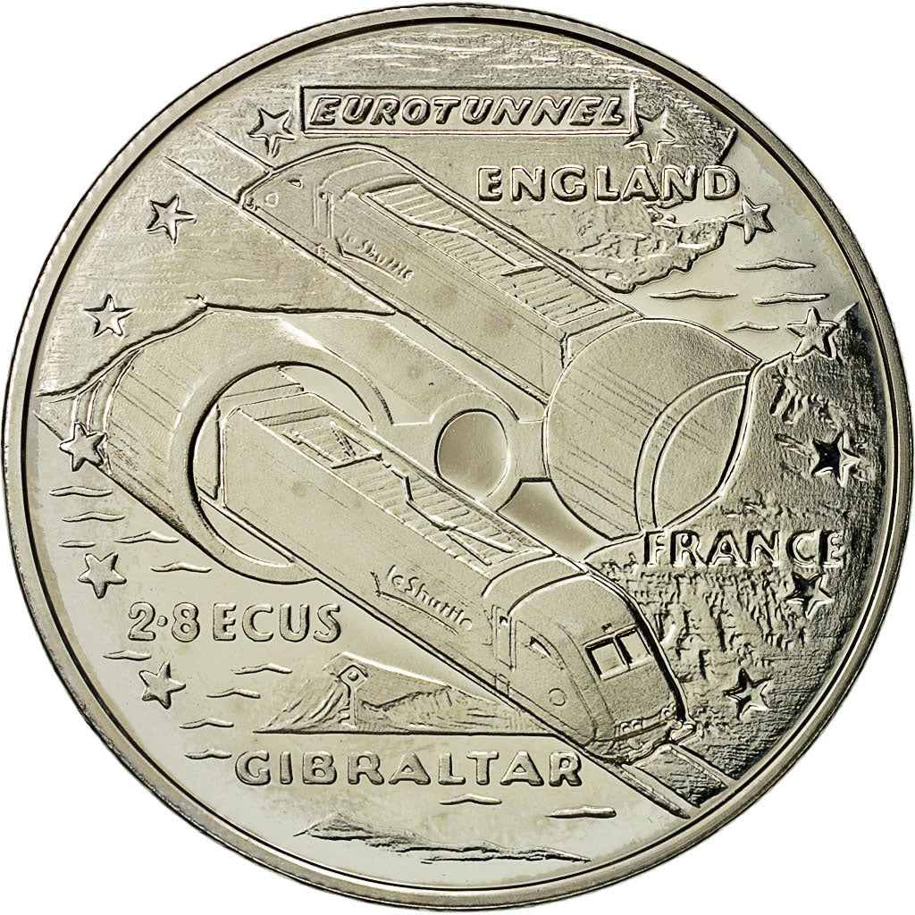 Francja, Medal, Eurotunnel, Elizabeth II, Gibraltar, 1993, MS(63), Nikiel