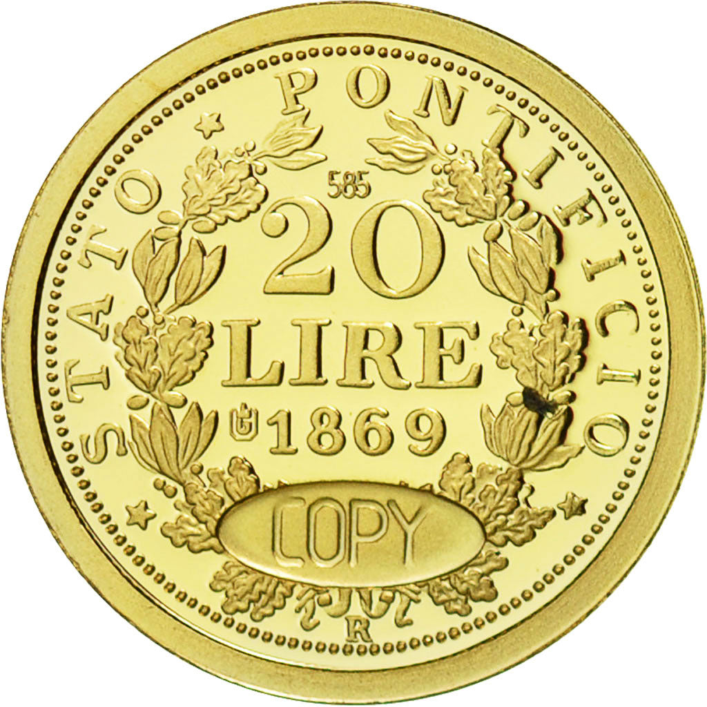 France, Medal, Pie IX, Reproduction 20 Lire 1869, FDC, Or