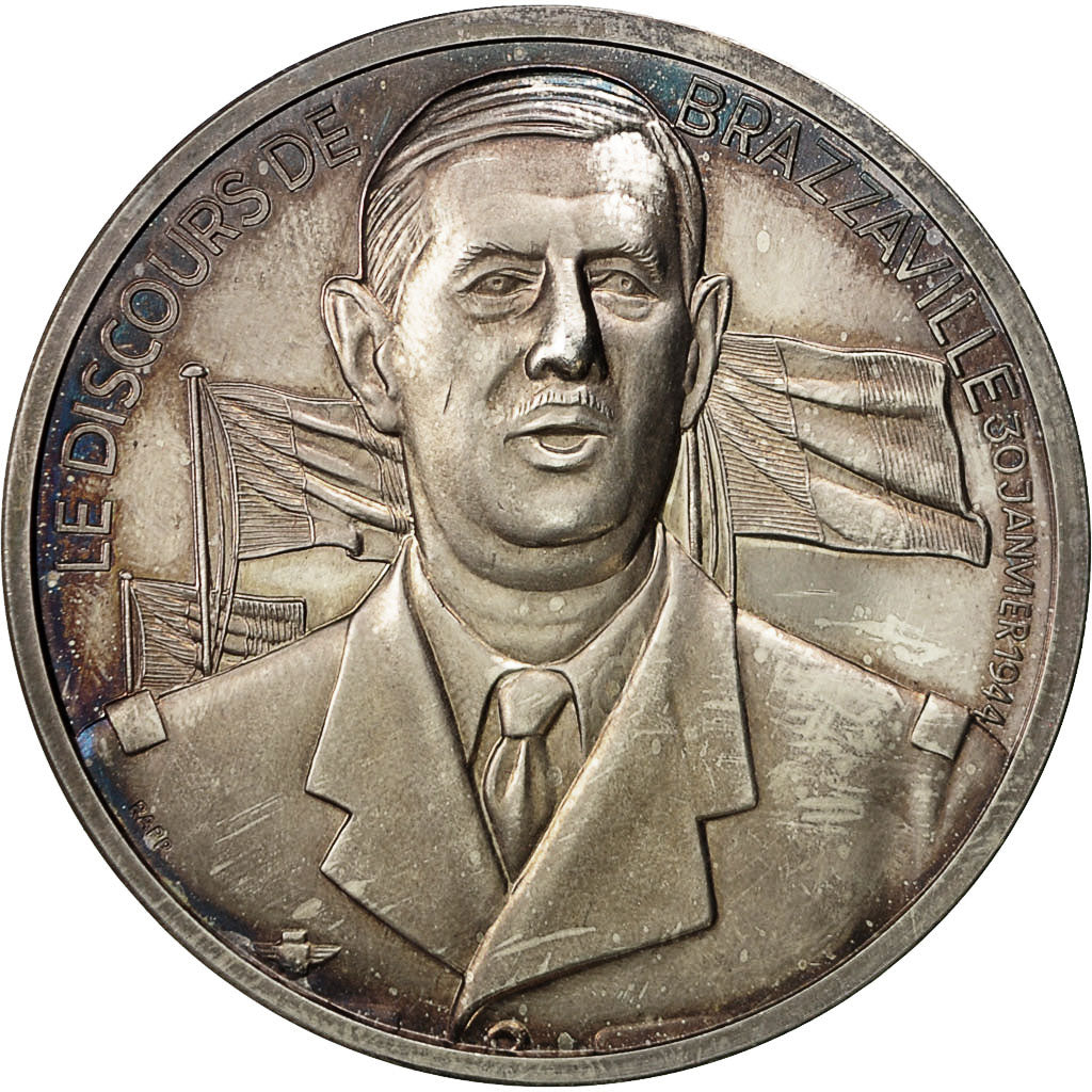 France, Medal, De Gaulle, Le Discours de Brazaville, 1970, MS(63), Silver