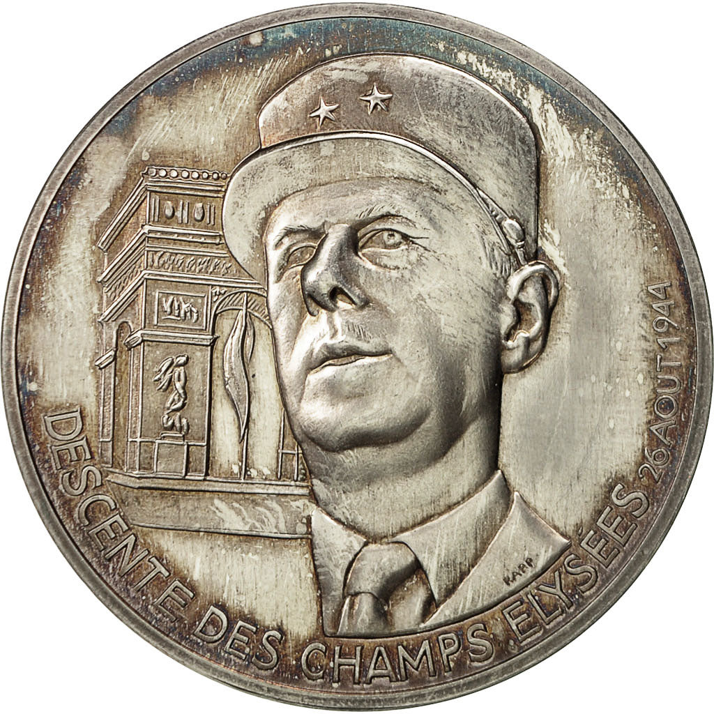 France, Medal, De Gaulle, La Descente des Champs Elysées, 1970, MS(63), Silver