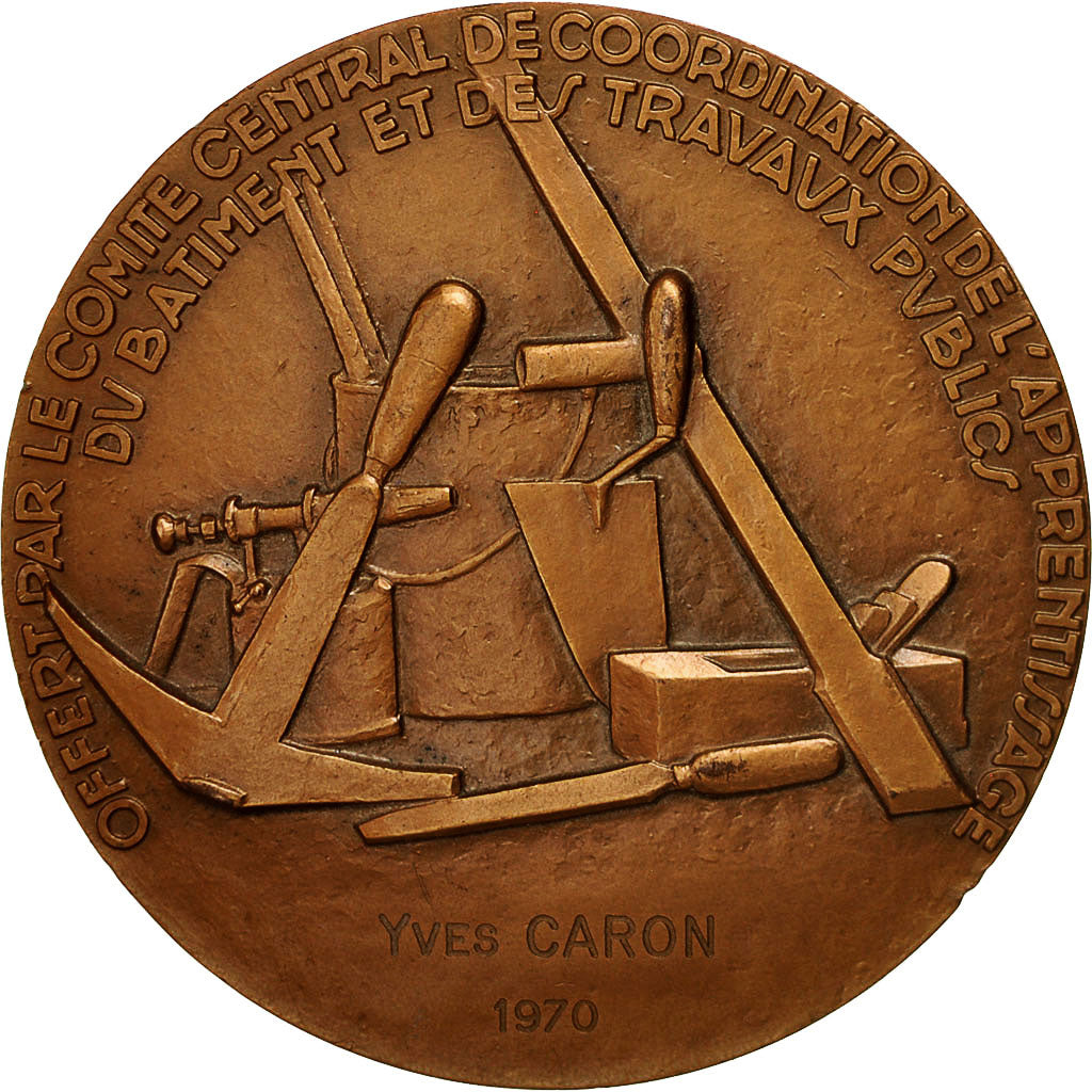 France, Médaille, Art Déco, Apprentissage du Bâtiment, 1966, Pelletier, SUP+