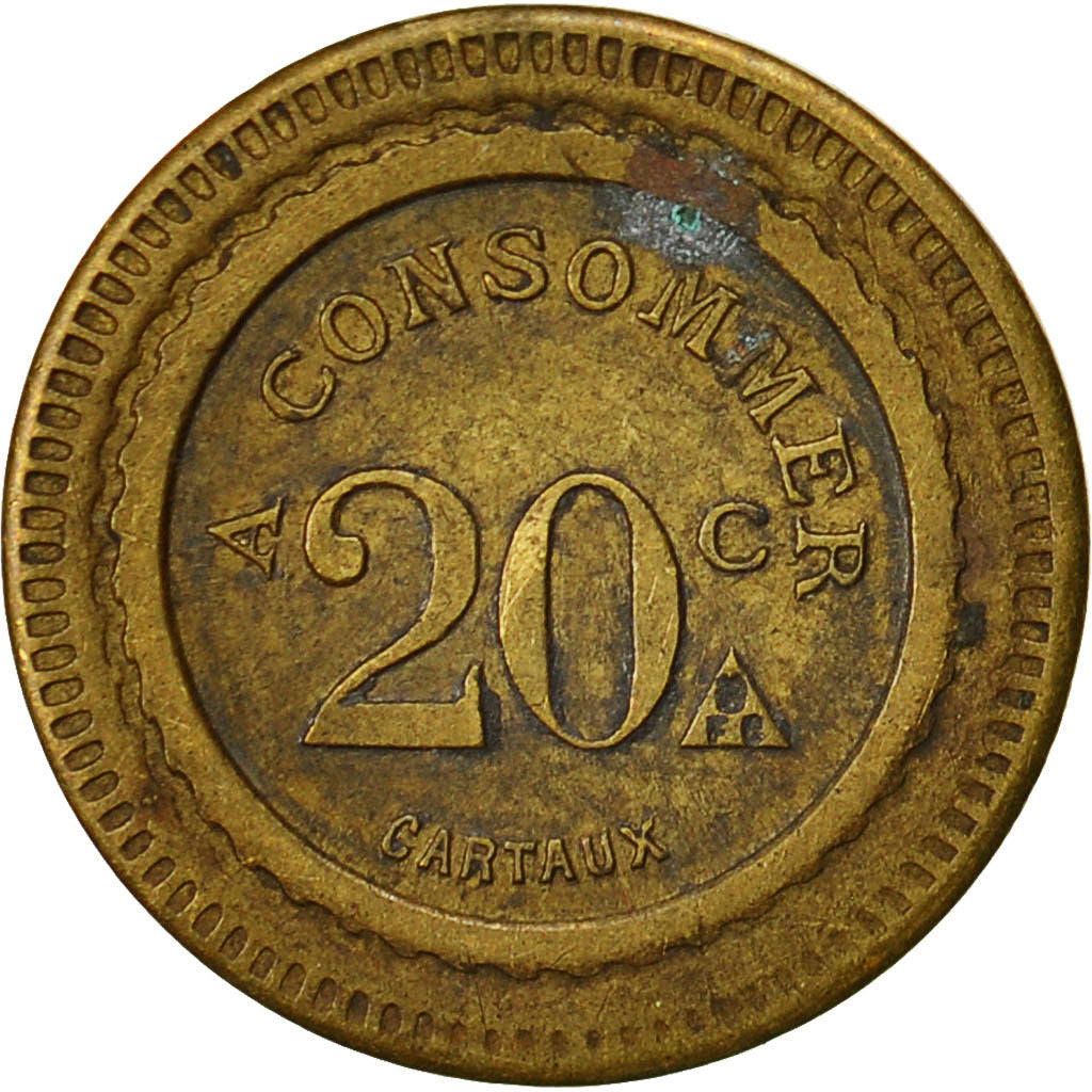 France, Token, 20 Centimes à Consommer, Cartaux, AU(50-53), Brass