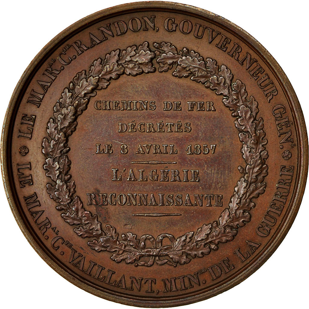 Algeria, Medal, Napoléon III, Chemins de Fer Décrétés, 1857, Bovy