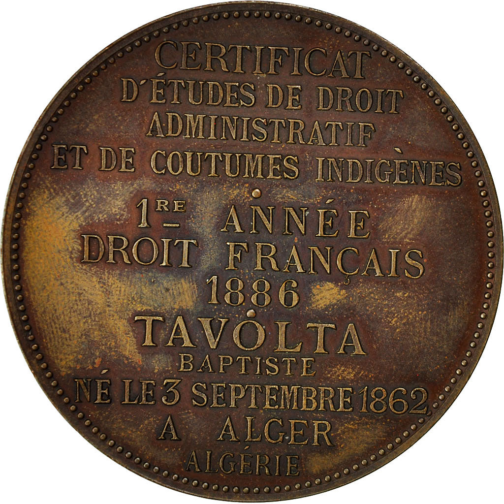 Algeria, medalla, Ecole de Droit d'Alger, Certificat d'Etudes, 1886, Dubois.A