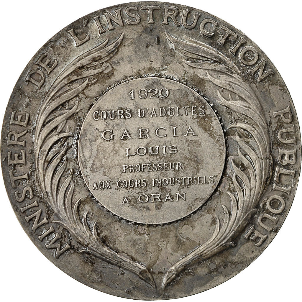 Algeria, Médaille, Instruction Publique, Cours d'Adultes à Oran, 1920