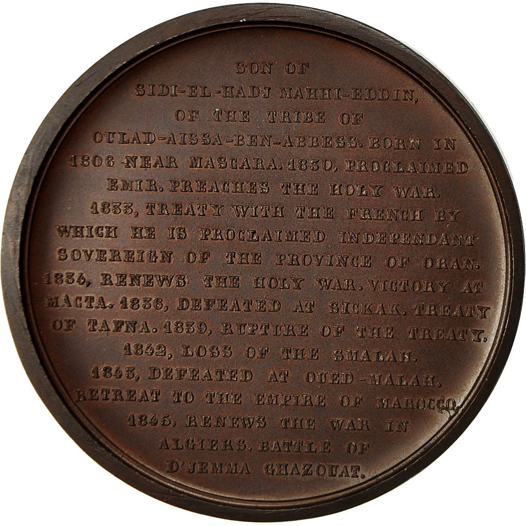 Algeria, medalla, Hommage à Abd-El-Kader, Texte Anglais, EBC+, Bronce