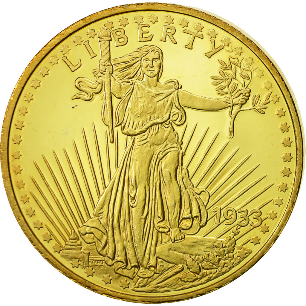 France, Medal, Reproduction de la 20 Dollars Liberty, MS(64), Copper Gilt