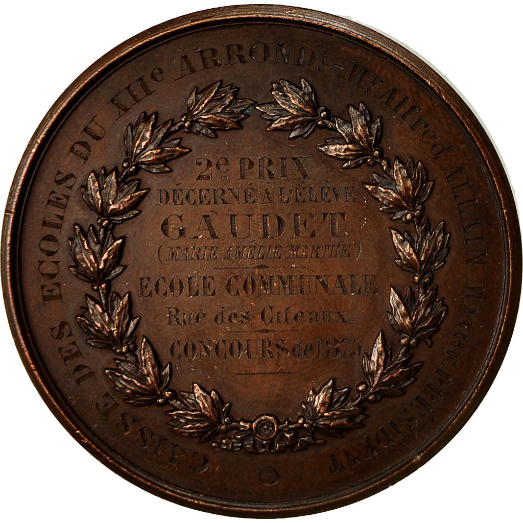 Francja, Medal, Caisse des Ecoles du XIIème Arrondissement, 1875, Oudiné