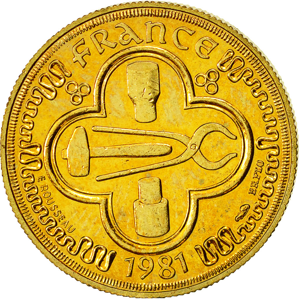 France, Medal, Franc à Cheval, Outils de Frappe Monétaire, 1981, MS(64), Gilt