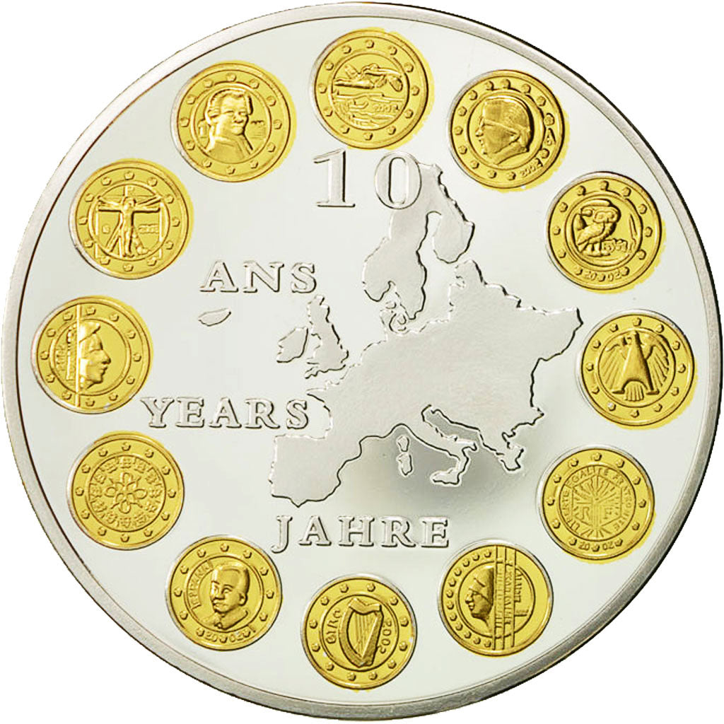 Francia, medaglia, 10 ans de l'Euro, SPL+, Copper Plated Silver