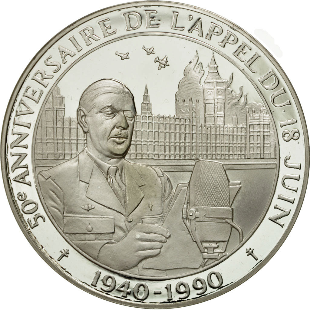 France, Medal, Anniversaires du Général de Gaulle, 1990, MS(65-70), Silver