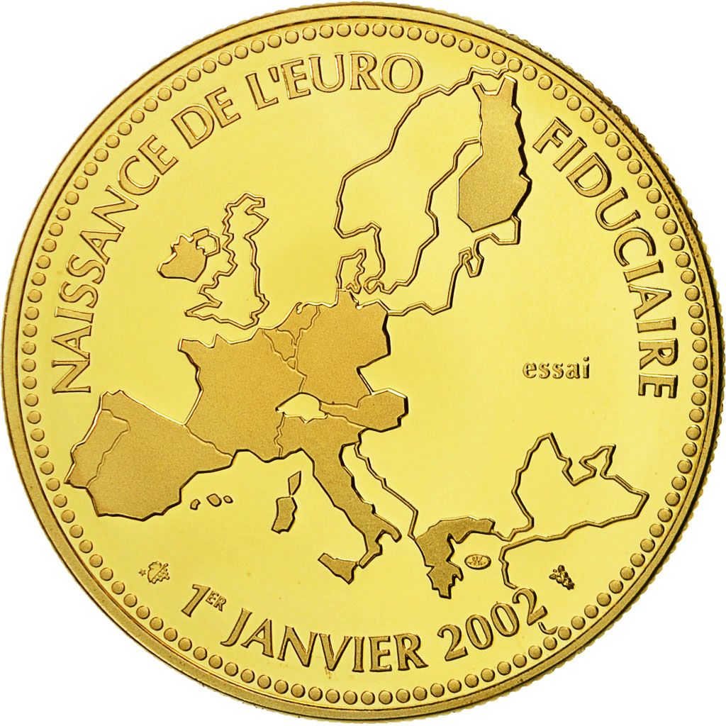France, Medal, Naissance de l'Euro Fiduciaire, 2002, MS(65-70), Gilt Bronze