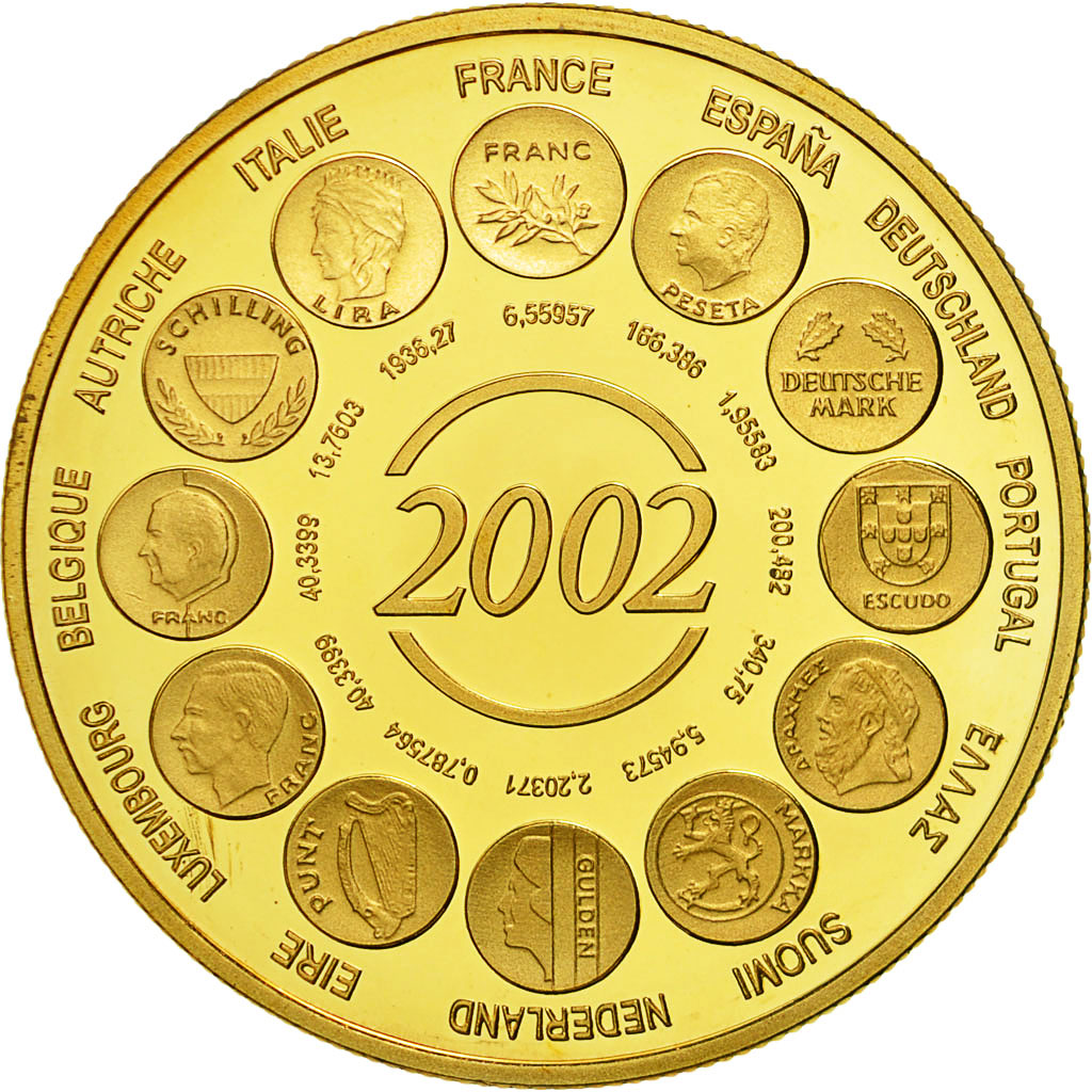 France, Medal, Naissance de l'Euro Fiduciaire, 2002, MS(65-70), Gilt Bronze