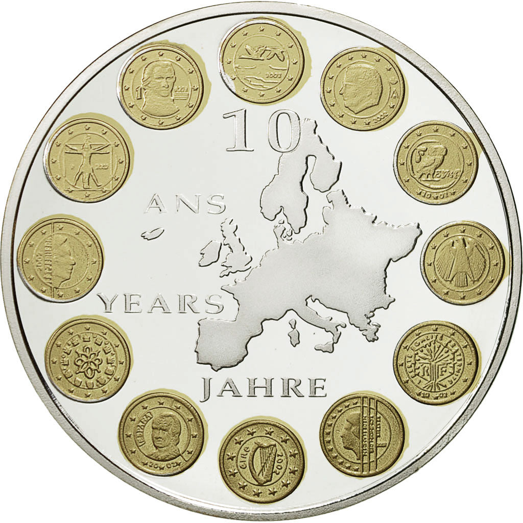 France, Medal, 10 ans de l'Euro, MS(65-70), Copper Plated Silver