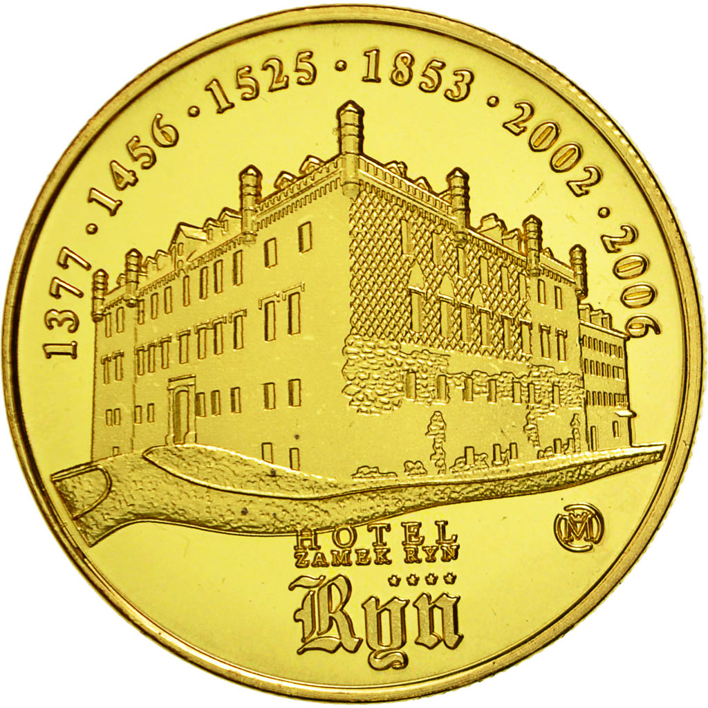 Polonia, medaglia, Hôtel Zamek Ryn, FDC, Rame dorato