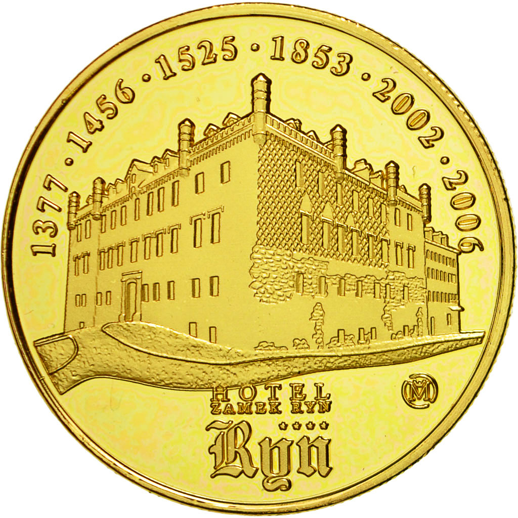 Polonia, medaglia, Hôtel Zamek Ryn, FDC, Rame dorato