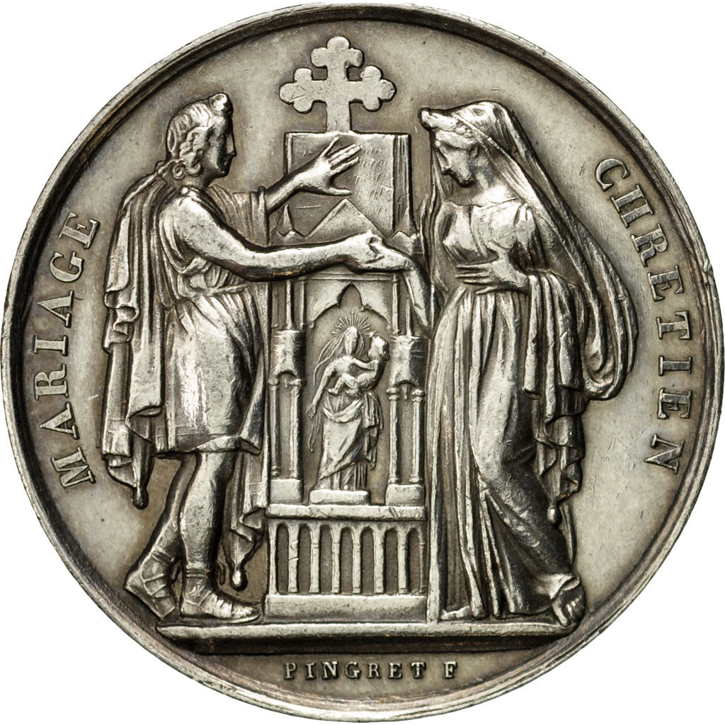 France, Médaille, Religion, Mariage Chrétien, 1855, Pingret, SUP+, Argent