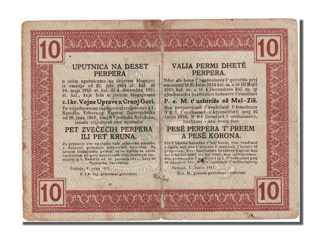 Billete, 10 Perper = 5 Münzperper = 5 Kronen, 1917, Montenegro, MBC