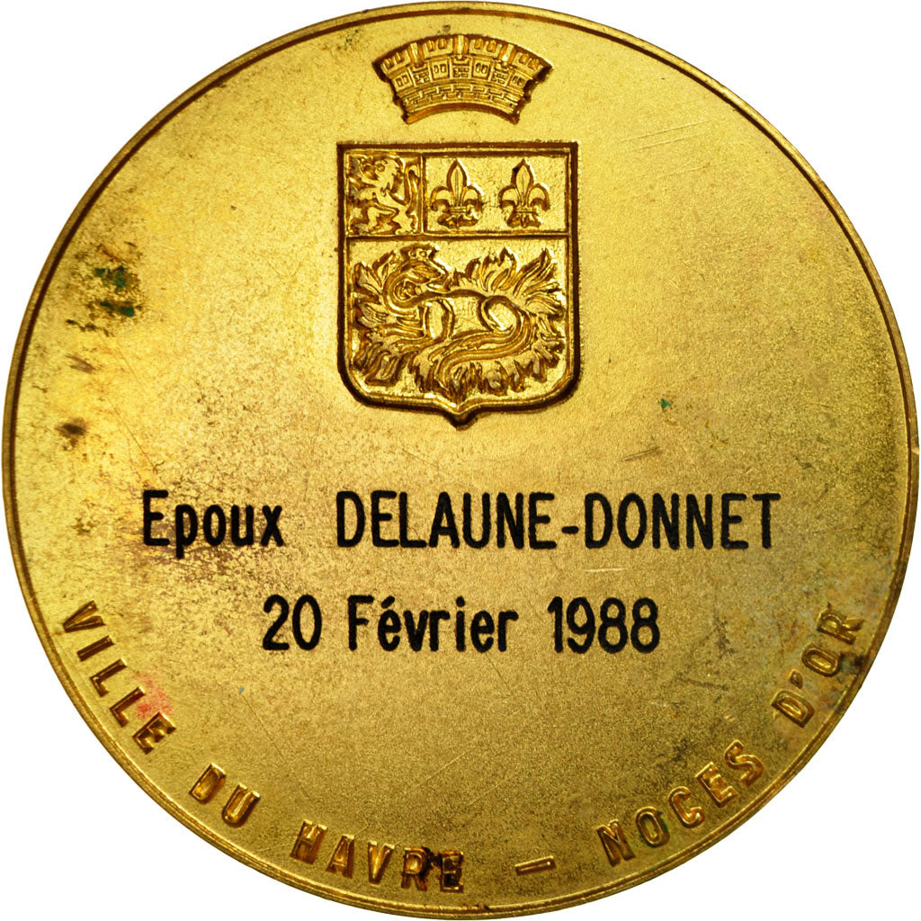 France, Medal, Mariage, Noces d'Or, Ville du Havre, 1988, AU(55-58), Gilt Bronze