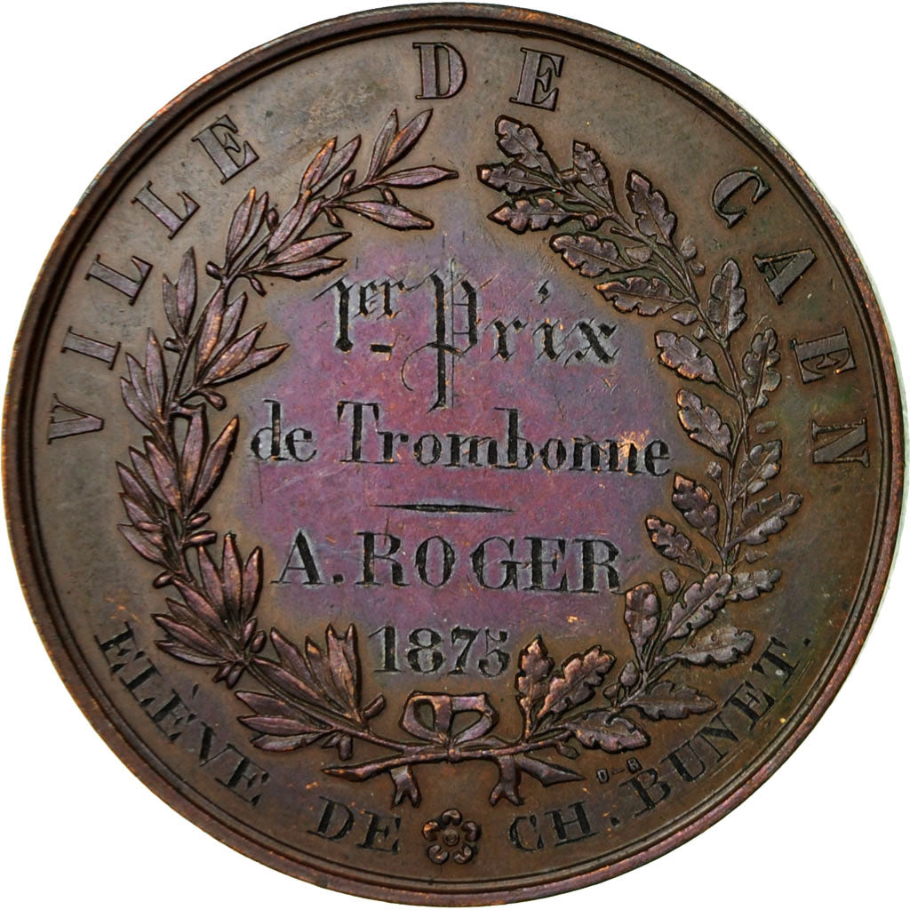 France, Médaille, Musique, 1er Prix de Trombonne, Caen, 1875, Desaide, TTB+