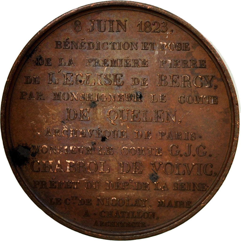 France, Medal, Louis XVIII, Pose de la Première Pierre de l'Eglise de Bercy