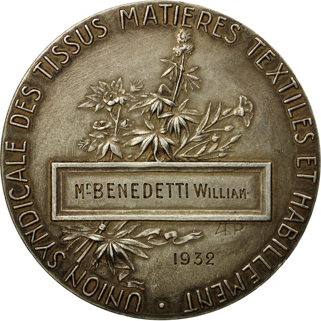 Francia, medalla, Union Syndicale des Tissus et habillement, 1932, Rivet, EBC