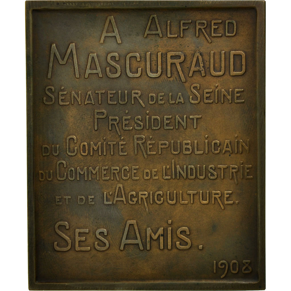 Francia, medalla, Alfred Mascuraud, Sénateur de la Seine, 1908, Favre, MBC+