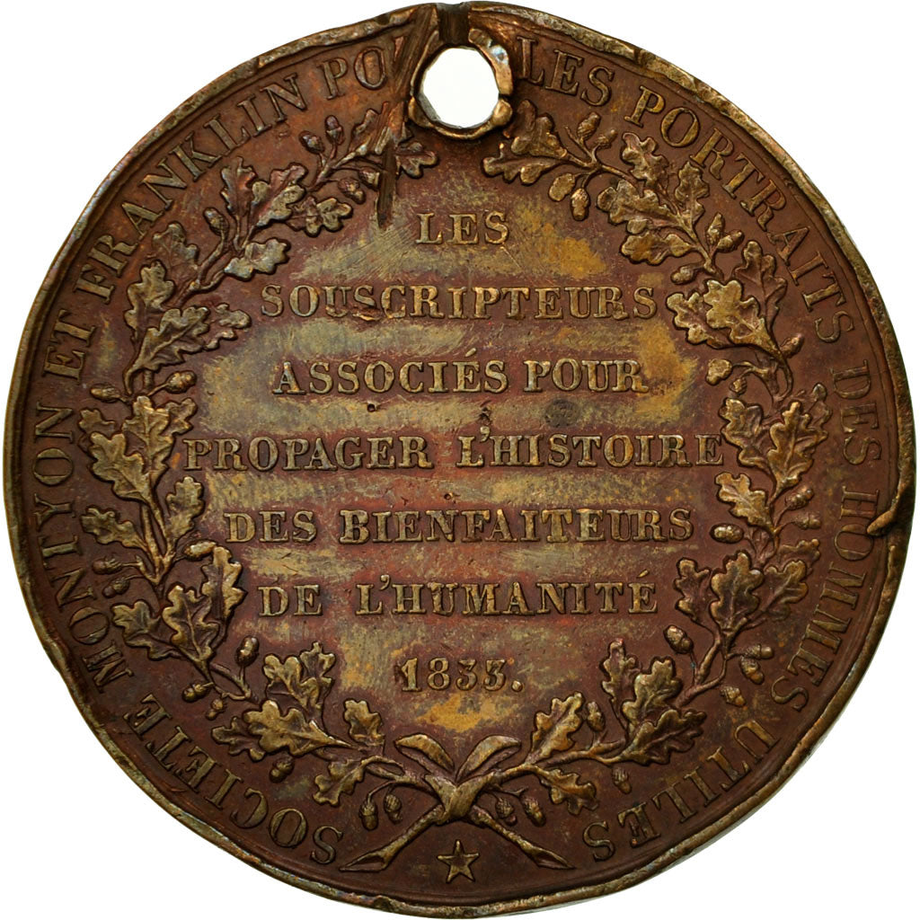 Frankrijk, Medaille, Masonic, Société Franklin et Montyon, 1833, Barre, FR+