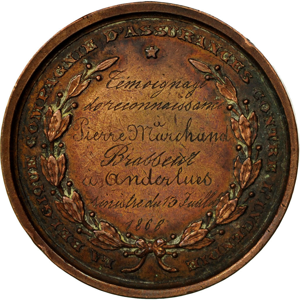 België, Medaille, Leopold II, Compagnie d'Assurances contre l'Incendie, 1868