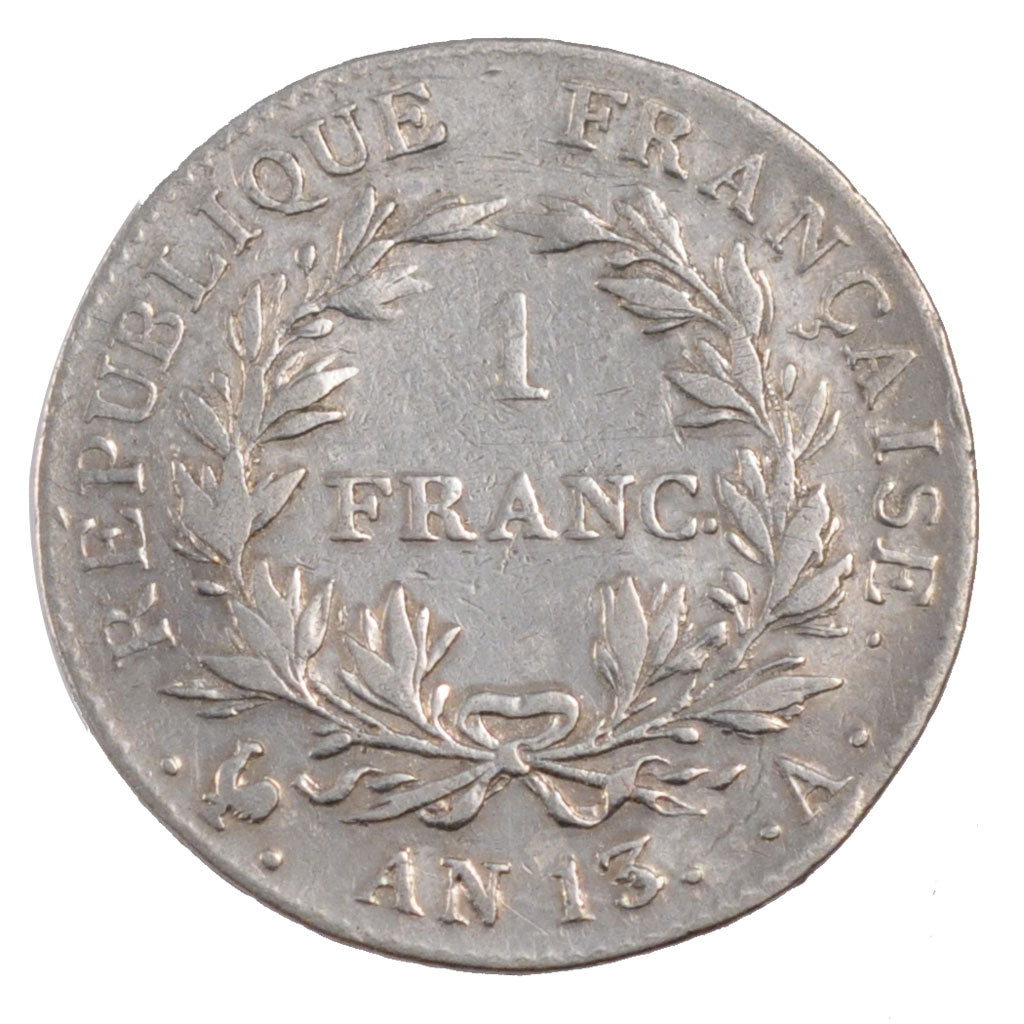 FRANCE, Napoléon I, 1 Franc, 1805, Paris, AU(50-53), Silver, Gadoury #443, 5.00